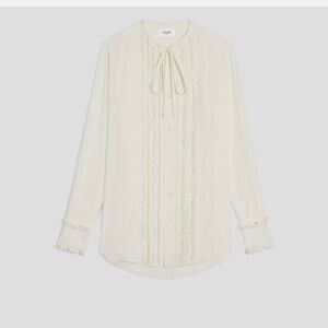 Celine Ivory Romy Lace-Trim Button Down Tie-Neck Blouse NWT Size 38
